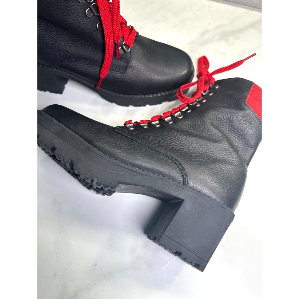 Combat Style Boots, Black Leather & Red Wool Heeled Lace Up, Martino Canada NWOT